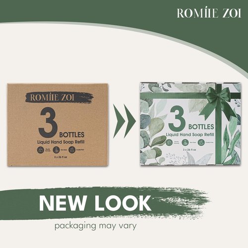 ROMIIE ZOI Eucalyptus & Mint Liquid Hand Soap Refill, Gentle & Moisturizing Formula, Natural Cruelty-Free Soap, Large 750 ML Bottles Bulk for Kitchen, Bathroom, and Dispensers (26 FL OZ, Pack of 3)