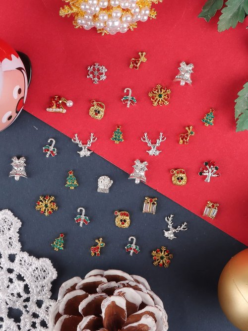60PCS Christmas Nails Charms, Lorvain 3D Xmas Alloy Charms for Nails Snowflake Christmas Tree Nail Rhinestones Elk Santa Metal Nail Art Diamond Gems for Christmas Nail Art Decoration