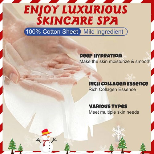 KONEUK 48 Pack Christmas Facial Masks for Stocking Stuffers, Bulk Moisturizing Facial Masks Set for Women Skin Care, Sheet Face Masks Skincare, Cute Christmas Gifts for Women