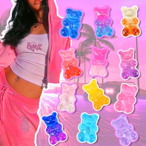 Namifin 3D Bear Nail Charms Bulk Y2K Lollipops Fruits Cherries Kawaii Gummies Oacen Beach Moon Bowknots Hearts Pearls Cute Nail Charms for Nail Art DIY Accessories