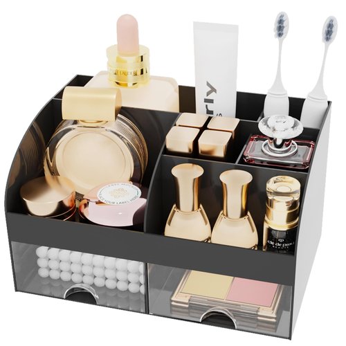 Makeup Organizer with 2 Drawers, Cosmetic Storage for Dresser Vanity and Bathroom Countertop,Make up organization and Skincare Storage with Beauty Brush Holder, Cosmetic Display Case (Black)
