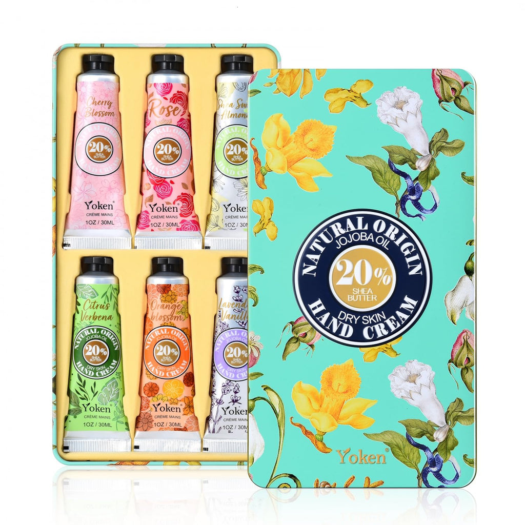 Yoken 20% Shea Butter Hand Cream Gift Set, Instant Soothing Moisturizing Hand Cream for Women Nourishes Dry Hands, 6-Piece Delicate Tin Gift Set Almond, Citrus Verbena & Floral-Scented, 6 x 1 OZ