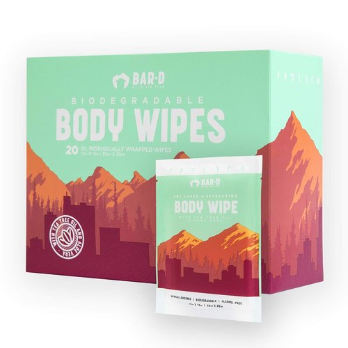 Bar-D Cleansing Face & Body Wipes - Biodegradable Shower Wipes with Tea Tree Oil & Aloe Vera | 20 Count Box