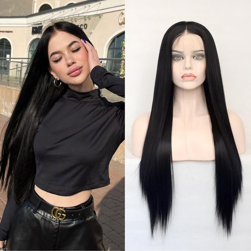 Jozlynn Black Synthetic Lace Front Wig Long Straight Preplucked Hairline Heat Resistant Glueless Wigs Free Parting for Women (Black, 22 inch)