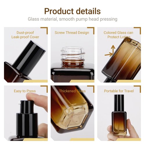 Segbeauty 2pcs 50ml Empty Refillable Glass Pump Bottle, 1.69oz Glass Containers Dispenser Gradient Brown Empty Bottles Travel Size Lotion Bottle with Pump for Essential Oil Blends Cream Lotion