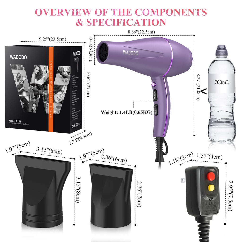 WADODO Ionic Hair Dryer, 2200W Professional Blow Dryer Fast Drying Travel Hair Dryer, AC Motor Constant Temperature Low Noise Ion Hair Dryers Curly Hair Care Hairdryer Blowdryer for Women Men(Purple)