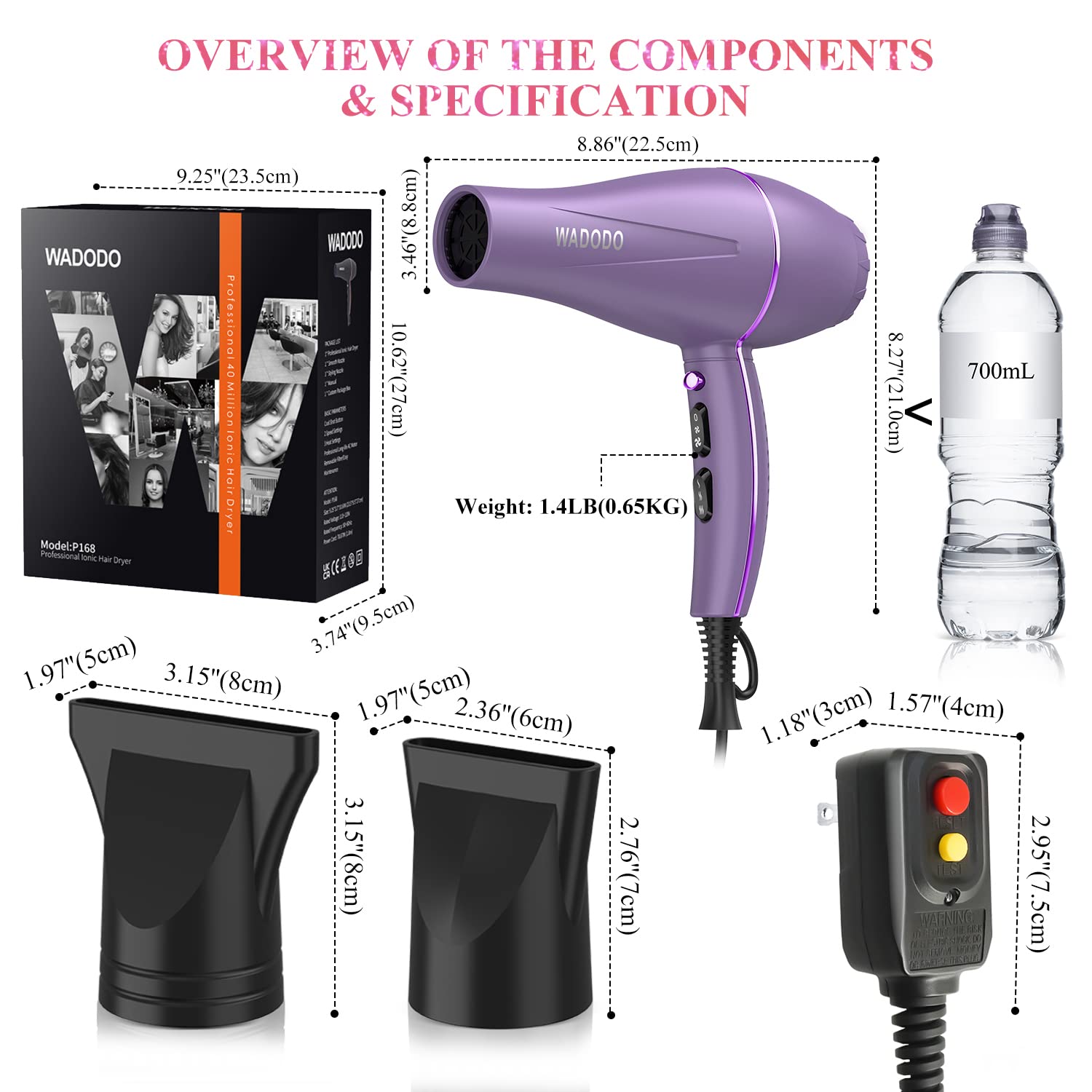WADODO Ionic Hair Dryer, 2200W Professional Blow Dryer Fast Drying Travel Hair Dryer, AC Motor Constant Temperature Low Noise Ion Hair Dryers Curly Hair Care Hairdryer Blowdryer for Women Men(Purple)