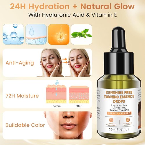 Sunless Tanning Drops | Natural Glow Self Tanner Serum with Hyaluronic Acid & Vitamin E - Fragrance-Free, Lightweight Bronze Formula for Face & Body