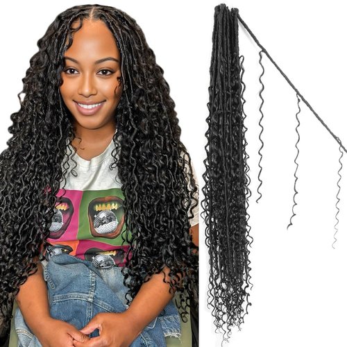 SECPOCPONY Boho Goddess Faux Locs Crochet Hair 30 Inch 8 Packs Distressed Soft Locs Pre Looped Crochet Braids with Curly Ends (80 Strands, 1B)