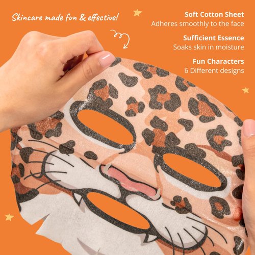 Epielle Character Face Mask Cheetah 6 Pack, Fun & Effective Korean Skin Care, Spa Party Favors, Stocking Stuffers, Birthday Gifts for Women, Self Care Gifts