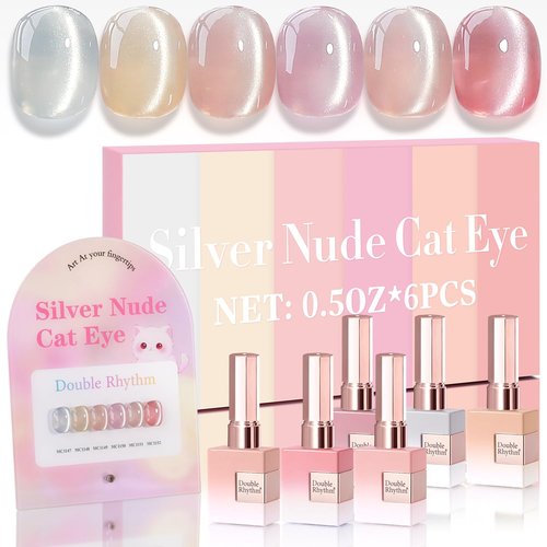 Double Rhythm Cat Eye Gel Nail Polish Set - 6 Shimmer Glitter Colors | 0.5 Oz Holographic Magnetic Kit