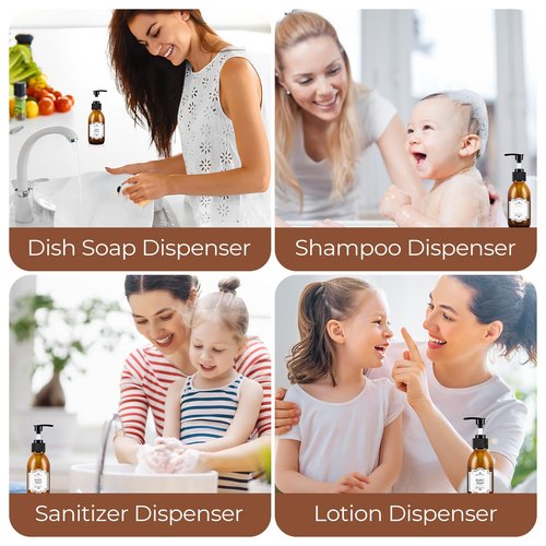 Homepicker 4 oz Amber Glass Pump Bottle, 125ml Small Lotion Dispenser Bottle for Body Massage Oil, Refillable Empty Hand and Dish Soap Dispensers Set with Storage Caps, Labels - 3 Pack