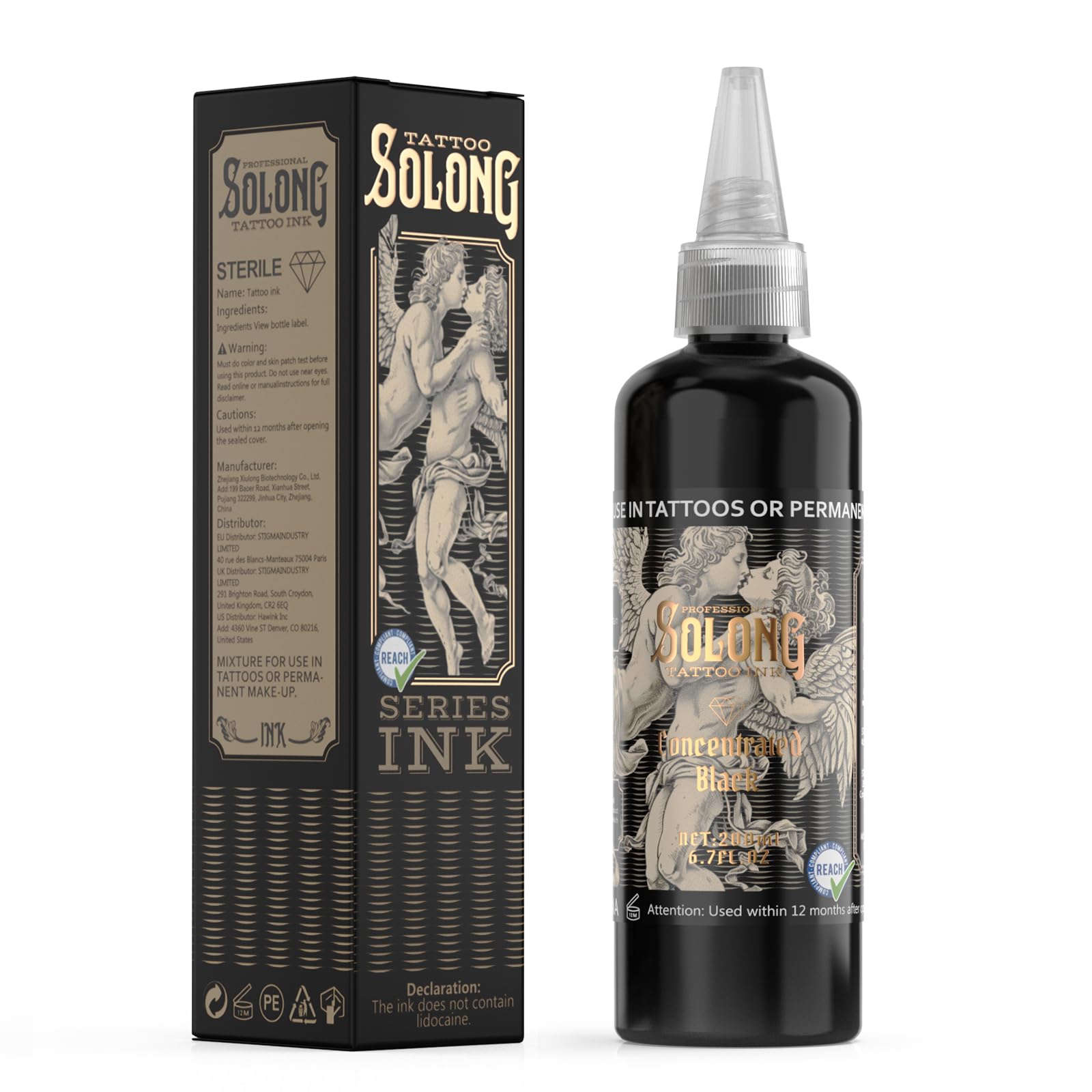 Tattoo Ink,Solong S Series 6.7oz(200ml) Professional Black Tattoo Ink for Various Tattoo-Concentrated Black Tattoo Supplies,TI303S-200-030