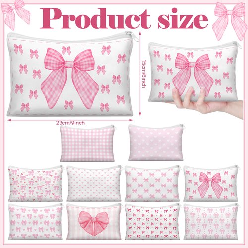 Reginary 10 Pcs Coquette Bow Cosmetic Bag for Women's Day Mother's Day Wedding Nurses Aesthetic Makeup Bag Lovely Heart Preppy Pouch Zipper Coquette Party for Bridal Shower Gift(Pink,Lovely Heart)