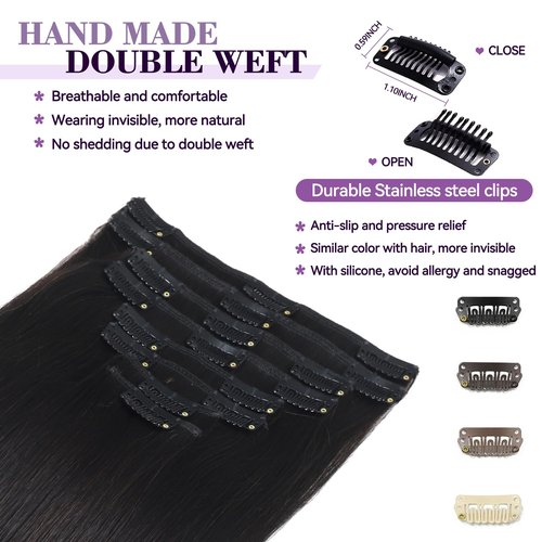 Clip in Hair Extensions Real Human Hair 16 inch 90g/3.2oz Straight Seamless Invisible Human hair Extensions Clip ins for Women Double Weft 8pcs #1B-Natural Black