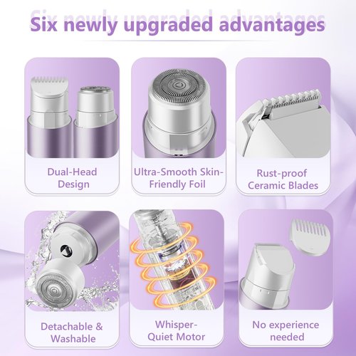 Electric Razors for Women, 2-in-1 Bikini Trimmer & Painless Hair Remover, IPX8 Waterproof Wet/Dry Cordless Shaver, Skin-Safe Blades, for Body Face Legs Underarms Sensitive Skin - Lavender Purple