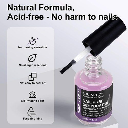 LOUINSTIC Acid-Free Nail Dehydrator 15ml - Fast Air-Dry Prep for Acrylic & Gel Polish | Hema-Free, Low-Odor