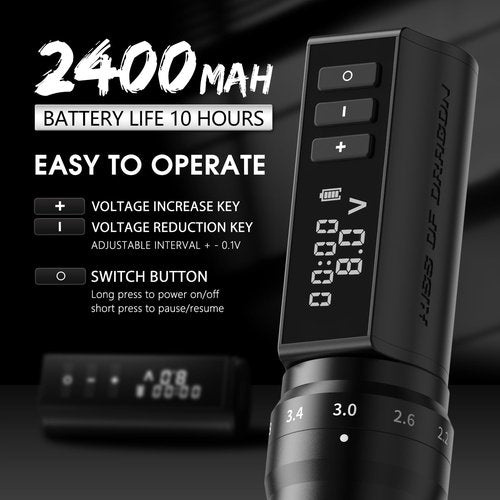 Kiss of Dragon Hunter MAX Tattoo Kit, Cordless/Cord Complete Tattoo Gun Kit Pen Machine,oreless Motor 6 Strokes Length, 2,400mAh Power Supply with Extra Battery Rca Jack Part