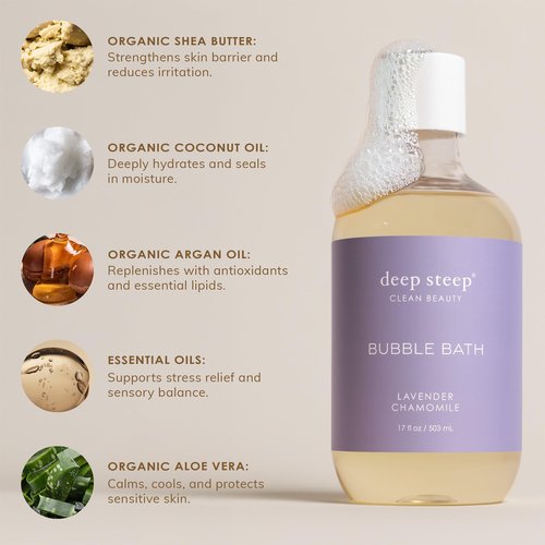 Deep Steep Lavender Chamomile Bubble Bath for Women, Hypoallergenic, Clinically Tested, Clean Formula for Sensitive Skin, Sulfate-Free, 17 fl oz Bottle, Essential Bath Accessories