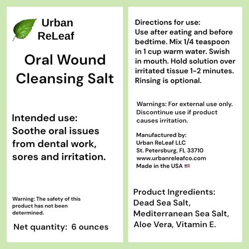 Urban ReLeaf Oral Wound Cleansing Salt 6 oz Bag! Makes 90 Cups of Solution. Soothe, Heal Irritation, Dental Work. 100% Natural, Braces, Mouth, Gum, Canker Sores, Dentures. Made in USA Fresh!