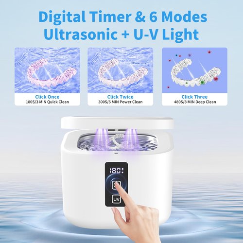 Ultrasonic Retainer Cleaner Machine, 48KHz Dental Cleaning Pod for Denture, Mouth Guard, Aligner, Night Guard, Braces, Toothbrush Heads, Jewelry with Digital Timer & 6 Modes, 13oz Capacity, White