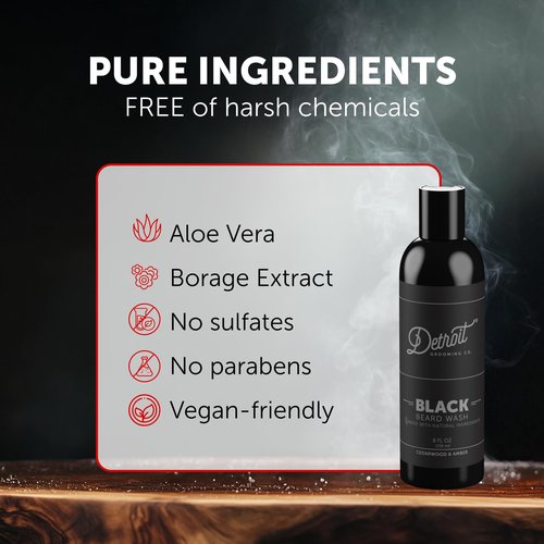 Detroit Grooming Co. Beard Wash - Men's Deeply Cleansing Shampoo for Beards and Mustaches - Aloe Vera and Essential Oils for Refreshing - Cedarwood & Amber Scent - Black Edition - 8oz