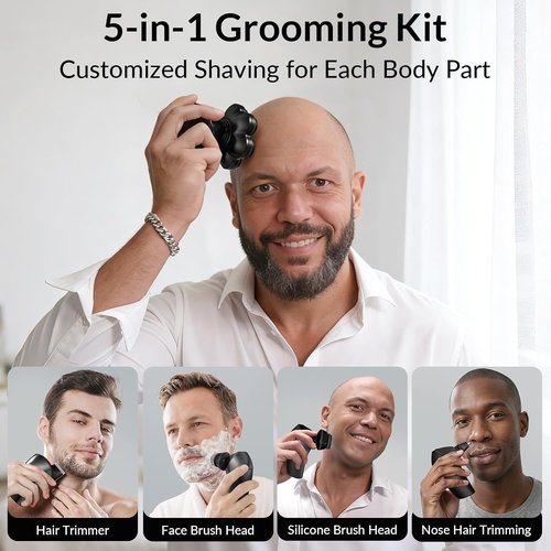 7D Arc Magnetic Head Shaver by [Brand Name] - Waterproof 5-in-1 Electric Razor & Grooming Kit, Black