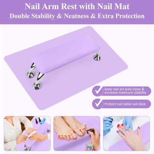Nail Arm Rest for Acrylic Nails with Nail Table Mat, Microfiber Leather Nail Hand Rest Cushion for Nails, Soft Hand Pillow Footstool with Foldable Nail Art Hand Rest Pad for Nail Tech Use (Purple)