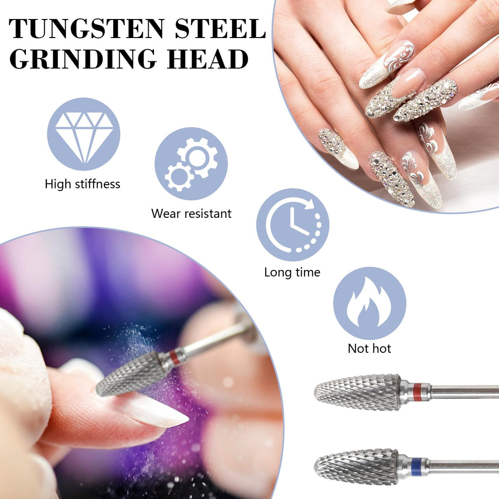 Yenblow 3/32" 5 in 1 Professional Carbide Nail Drill Bits Sets, 2 Pack Tungsten Safety Drill Bits Tech, Cuticle Bit Fast Remove for Manicurist Nail Salon Manicure Pedicure Gel Polishing (Round Head)
