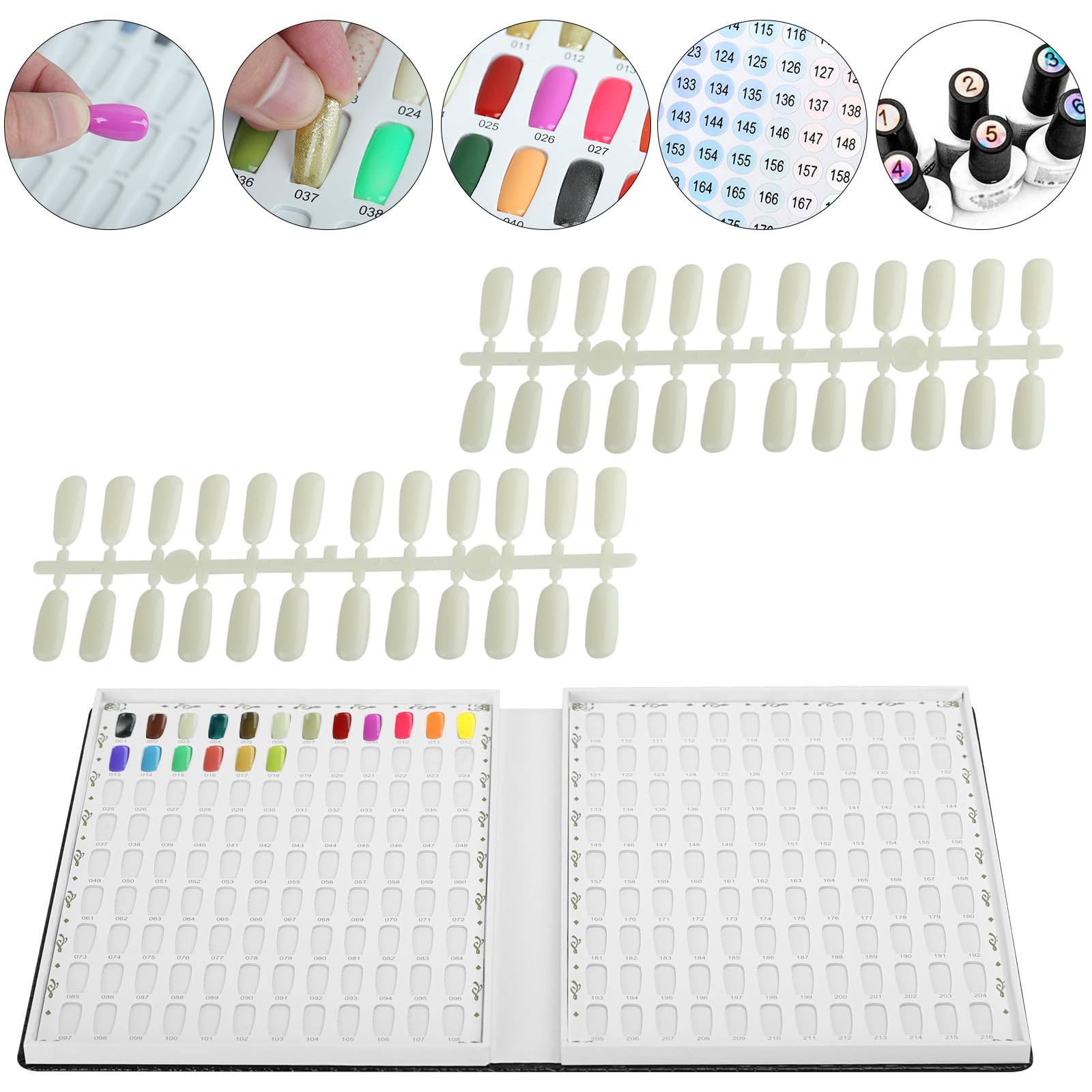 vnjaoi 216 Nail Color Chart Display Book with 240PCS False Nail Tips, UV Gel Polish Card Book, Nail Art Salon Nail Design Display Booklet, Nail Color Swatches Nail Practice Card Board