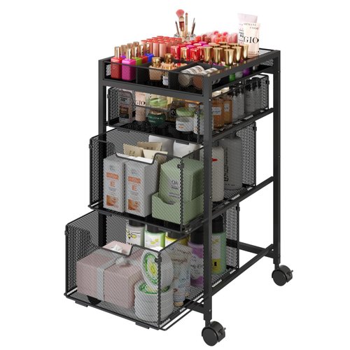 JKsmart Rolling Makeup Cart Organizer with 3 Drawers, Cosmetics Display with Dividers, Floor Skincare Storage with Wheels, Versatile Vanity Organizer for Nail Polish Perfume Brush Hair Tool, Black