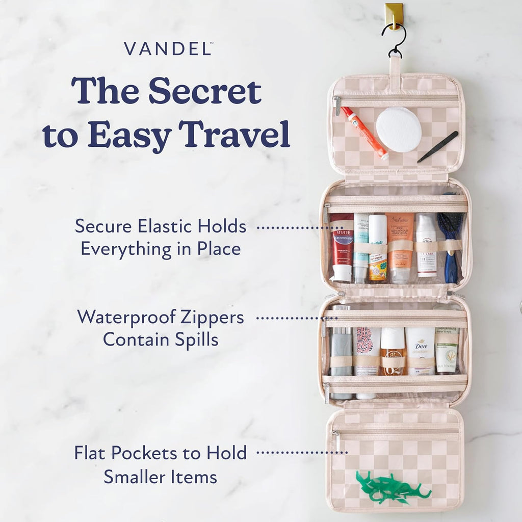 VANDEL Waterproof Hanging Toiletry Bag - TSA-Approved Makeup Organizer for Travel | Neutral Checker Design