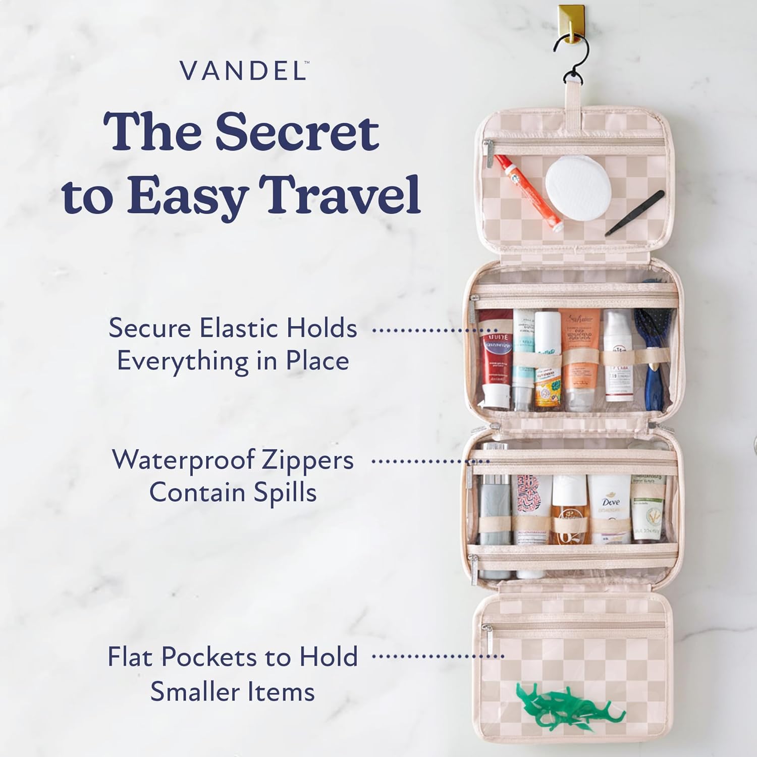 VANDEL Waterproof Hanging Toiletry Bag - TSA-Approved Makeup Organizer for Travel | Neutral Checker Design