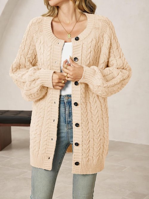 Saodimallsu Women's Oversized Cable Knit Cardigan - Chunky Button Down, Long Lantern Sleeves, Warm Sweater Dress