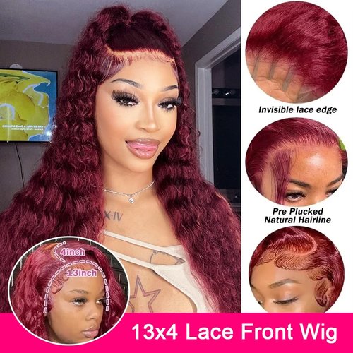 Skiennix 24-Inch Burgundy Deep Wave Wig - 13x4 HD Transparent Lace Front, 180 Density, Pre-Plucked