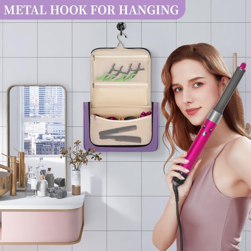 Travel Storage Bag Compatible with Dyson Airwrap Styler & Attachments - Portable Hanging Organizer with Hook, Water-Resistant & Scratch-Proof Case for Curling Barrels, Brushes, Accessories (Purple)