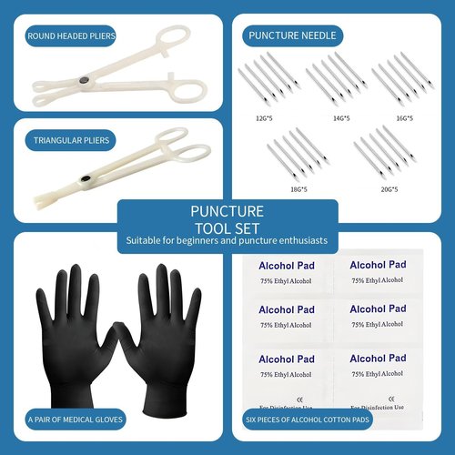 Piercing Kit Silicone Model Body Part Displays, 39 Body Piercing Kit,25Mixed 12G 14G 16G 18G 20G Ear Nose Piercing Needles 2 Piercing Clamps 6 Clean Tools 2 Gloves Soft Fake Nose Navel Ear 5D Model