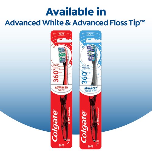 Colgate 360 Advanced Floss Tip Soft Bristle Toothbrush, 17x Thinner Bristles for Deep Reach Between Teeth, Ergonomic Handle with Soft Bristles and Tongue Cleaner, 2 Pack