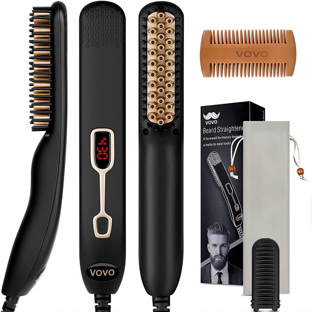 VOVO Beard Straightener Comb Upgrade Professional 2 in 1 Men's Beard Straightening Heated Hair Straightening Brush Portable Anti-Burn 6 Temperature Adjustable with LED Display for Home and Travel