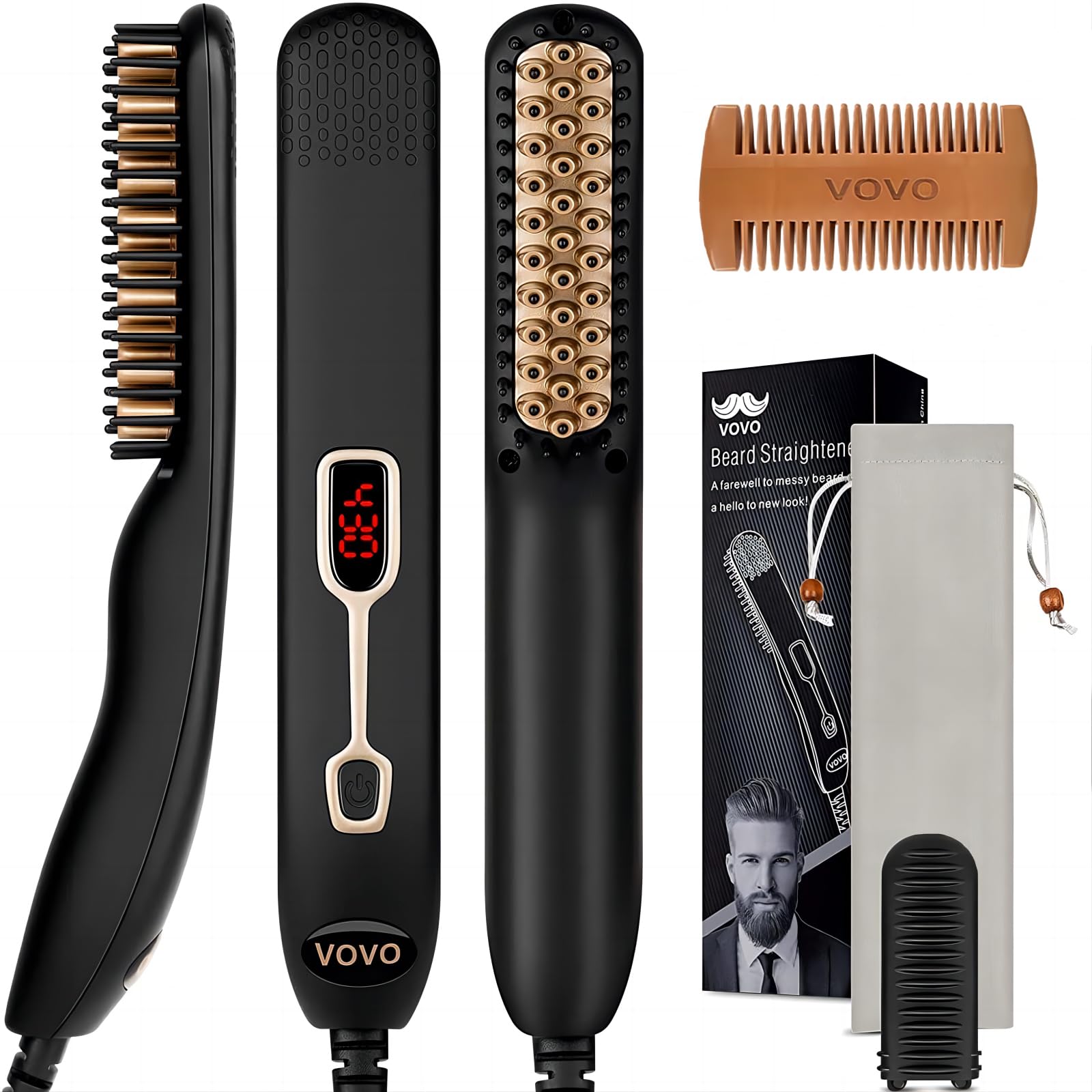 VOVO Beard Straightener Comb Upgrade Professional 2 in 1 Men's Beard Straightening Heated Hair Straightening Brush Portable Anti-Burn 6 Temperature Adjustable with LED Display for Home and Travel