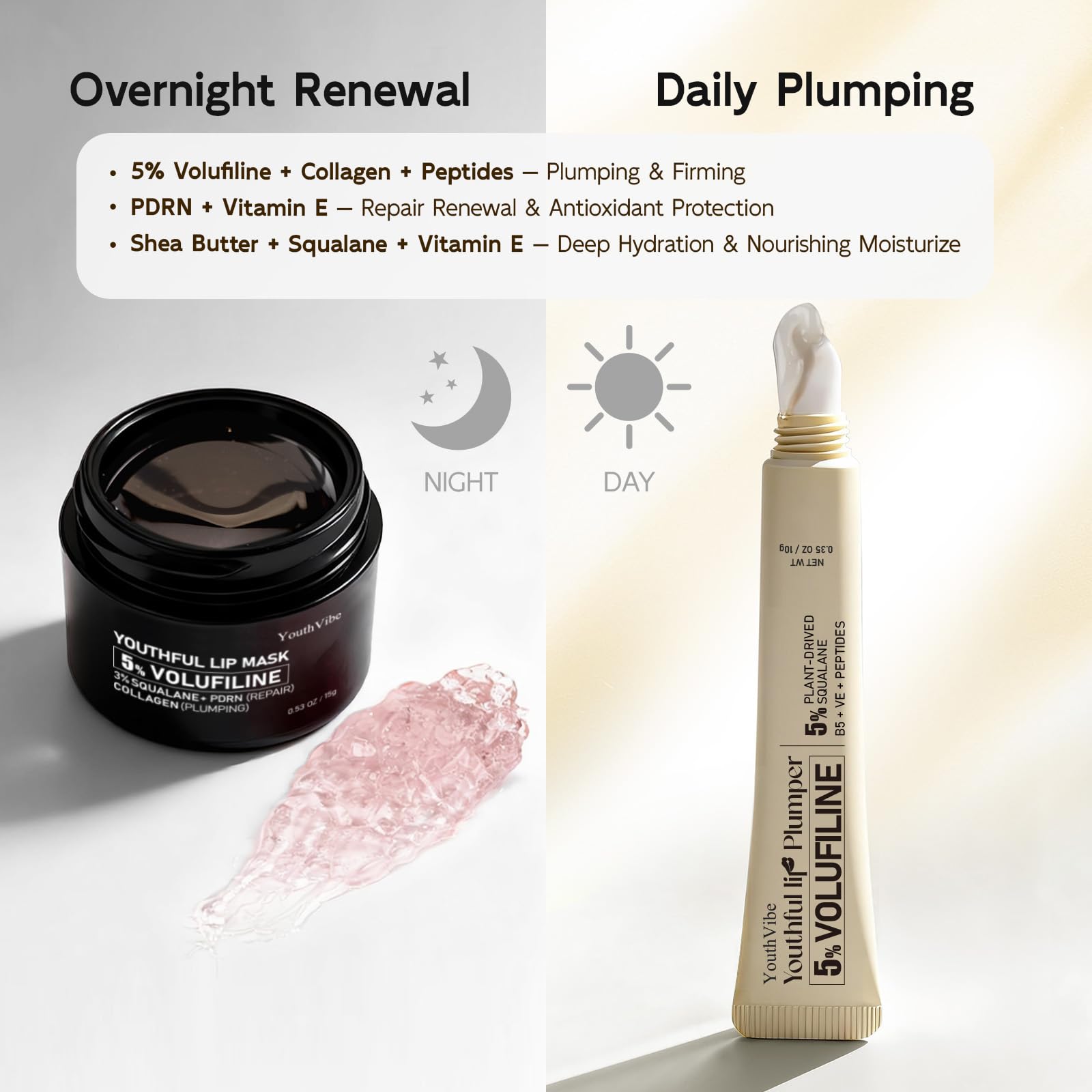 YouthVibe 5% Volufiline Lip Plumper, Nourishing & Anti Aging Over Time with Squalane, Shea Butter, Collagen, Peptide & PDRN - No Burning, No Tingling for Gentle Daily Plumping