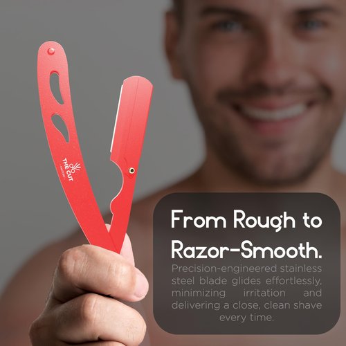 The Cut- Factory- Straight Razor with 20 Pack Platinum Treet Single Blade Razors for Men- Professional Barber Straight Edge Razor for Close Shaving 100 Percent Stainless Steel, Red