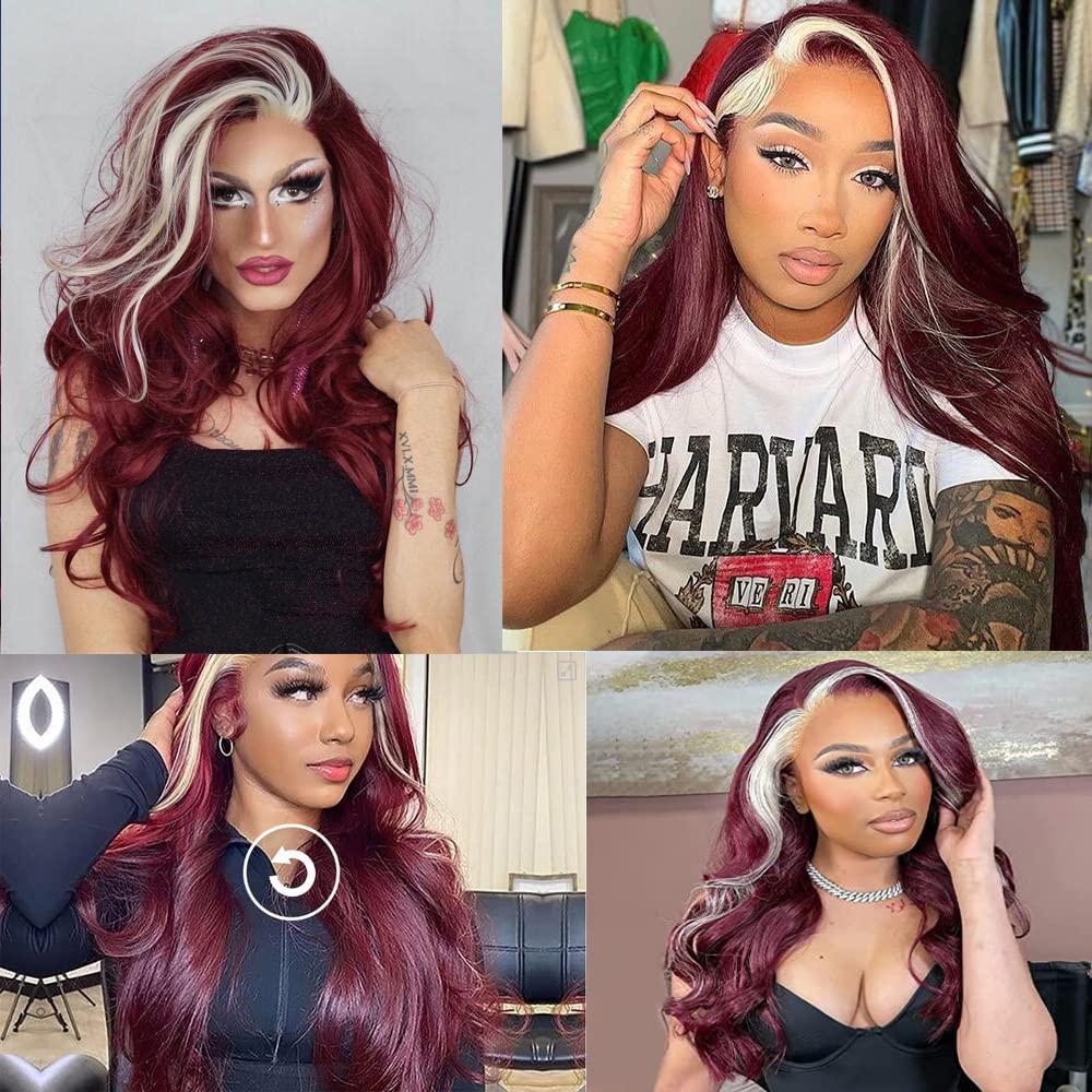 xiweiya Wigs Highlight Blonde Mixed 99J Wine Red Synthetic Lace Front Wig Long Body Wave 13 * 3 Hand Crochet Lace Wig with Heat Resistant Fiber Glueless Matte Wine Red Color Halloween Cosplay Wigs