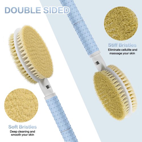 Shower Brush with Soft and Stiff Bristles,15"-23" Telescopic Long Adjustable Handle Dual-Sided Back Scrubber Bath Brush Body Exfoliator for Wet or Dry Brushing