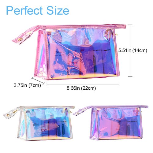 BETAM AJOJO 3 Pcs Holographic Makeup Bags, Iridescent Cosmetic Bag with 3 Colors Waterproof Cosmetic Zipper Bag Clear Portable Toiletries Travel Bag for Makeup Organizer, Brushes, Women Gifts