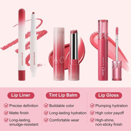 Skiennix 3PCS Lip Combo Set - Matte Lip Liner, Hydrating Tint Lipstick & Shine Gloss | Long-Lasting Plumping Kit