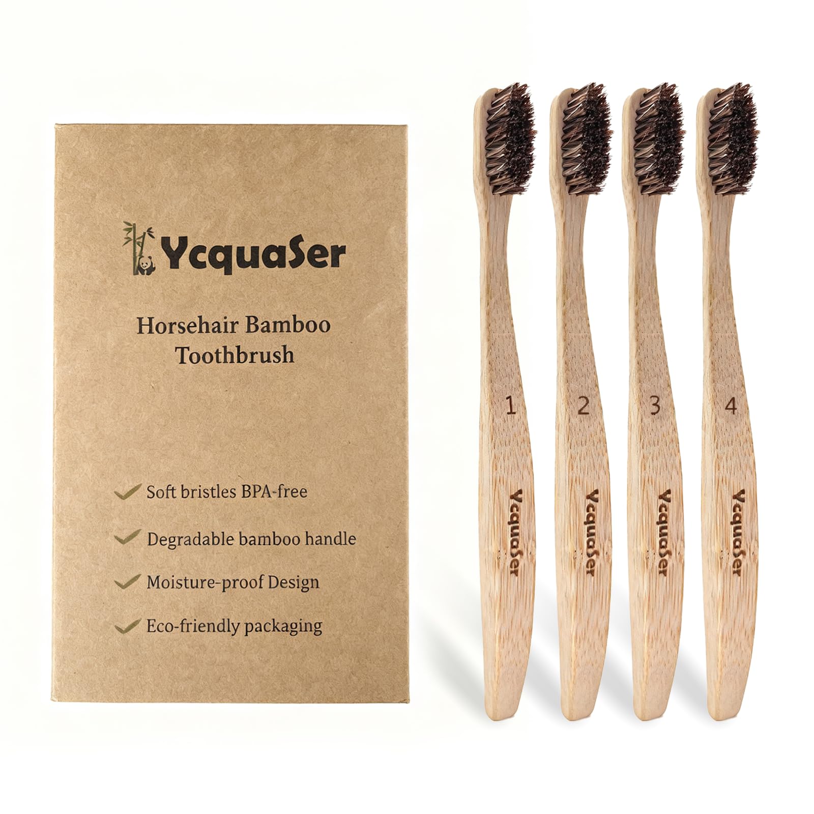 Ycquaser Bamboo Toothbrushes,Travel Toothbrush&Horse Bristle(4-Pack),Natural Soft Bristles for Adults,100% Biodegradable,Plastic & Nylon Free