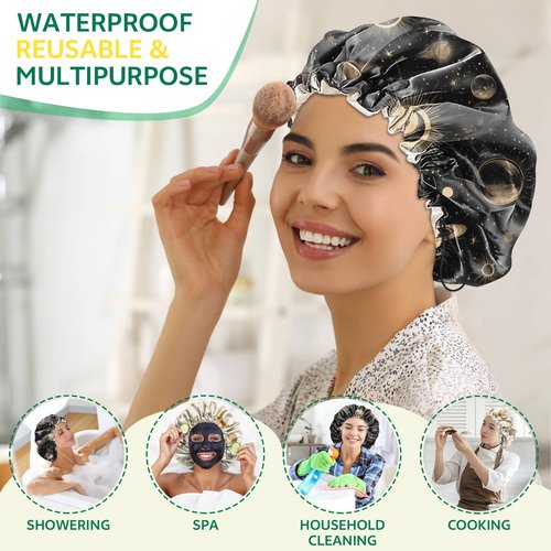 BHAHB 2 PCS Shower Cap Waterproof Double Layer Elastic Adjustable Reusable Hair Bath Caps for Girls Women Cute Aesthetic-Golden Black