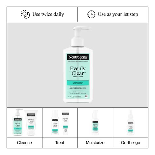 Neutrogena Evenly Clear Acne Cleanser with 2% Salicylic Acid & 2% PHA Exfoliant, Gentle Foaming Face Wash Clears Clogged Pores & Blackheads While Visibly Fading Look of Post-Acne Marks, 9.1 fl. oz