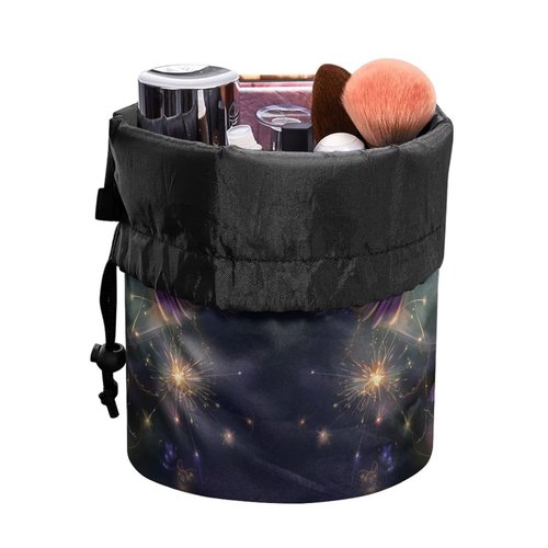 Poceacles Hummingbird Flower Violet Cosmetic Bag for Women, Portable Drawstring Makeup Bag Collapsible Toiletry Barrel Bag Organizer Cosmetic Storage Pocket